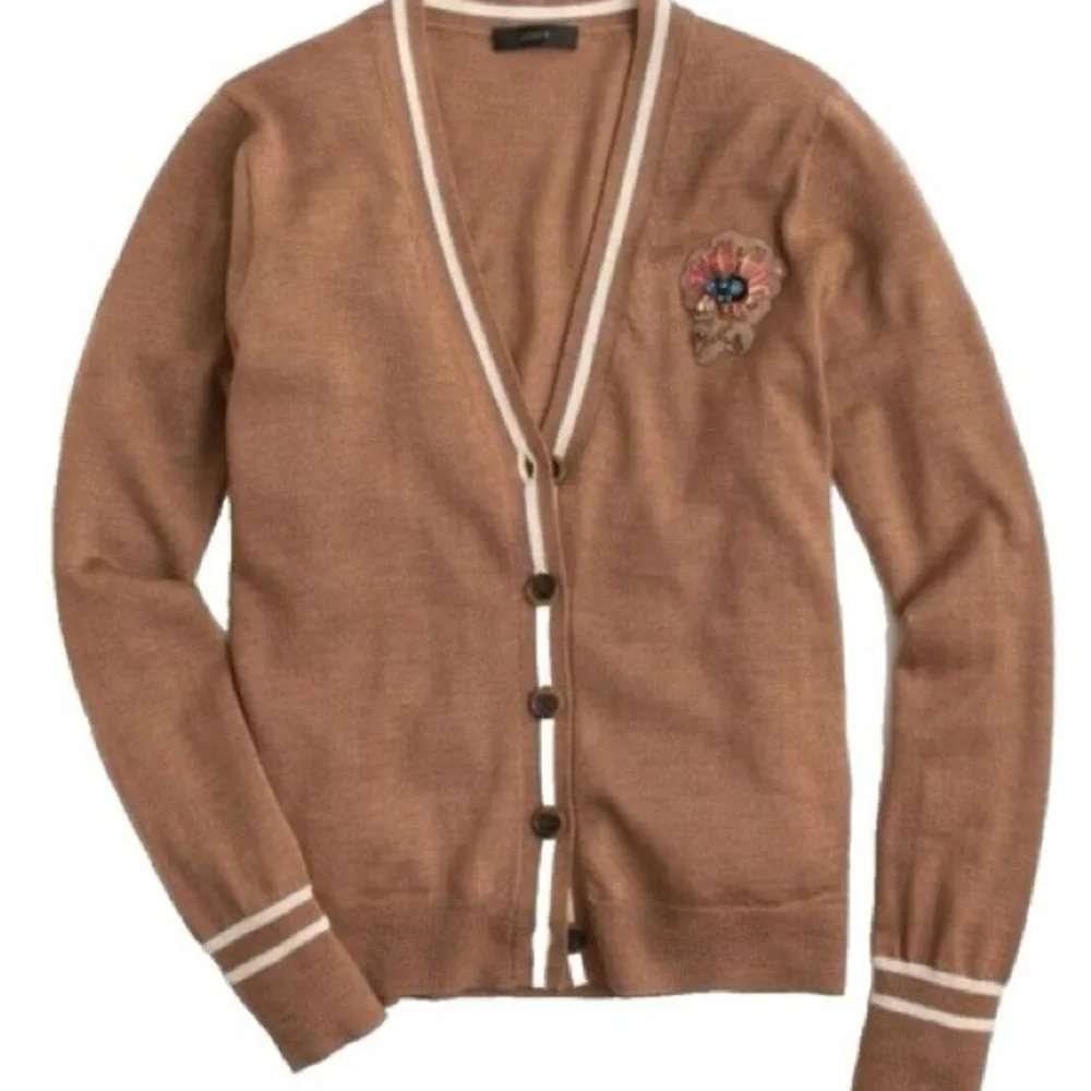 J Crew V Neck Cardigan Sweater with Floral Embellished Jewel Patch